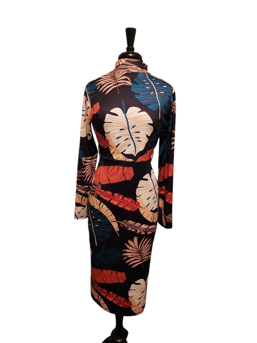 Tropical Leaf Print Long Sleeve Midi Dress - Black & Bold Colors